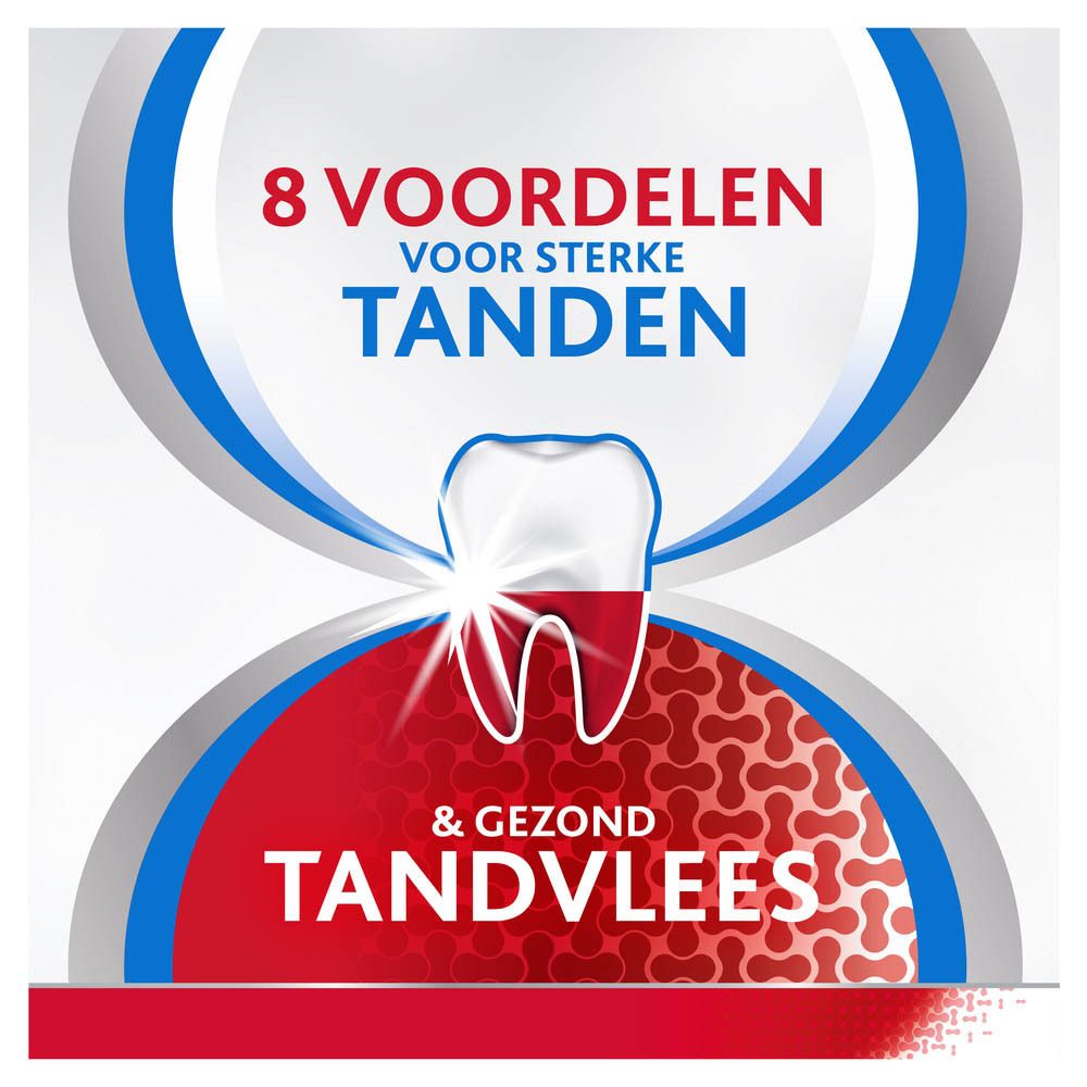 Afbeelding met tand en tandvlees. Tekst: 8 voordelen voor sterke tanden & gezond tandvlees.