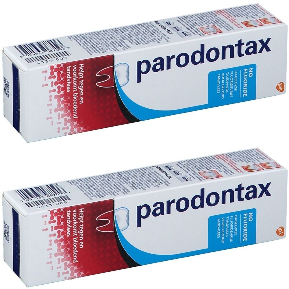 Twee dozen Parodontax tandpasta zonder fluoride. Witte dozen met rode en blauwe tekst.