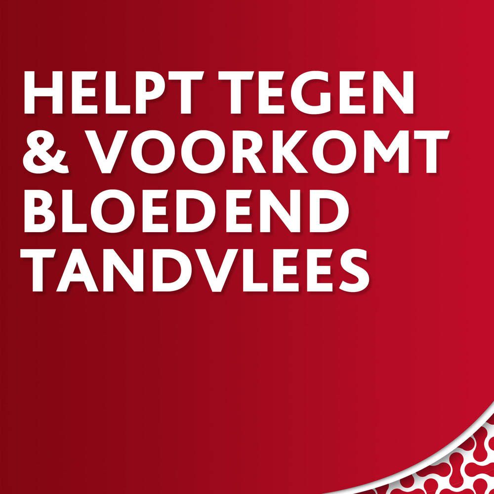 Tekst op rode achtergrond: Helpt tegen & voorkomt bloedend tandvlees.