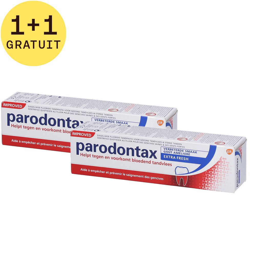 Deux tubes de dentifrice Parodontax Extra Fresh, offre 1+1 gratuit. Tubes blancs avec inscriptions rouges et bleues.