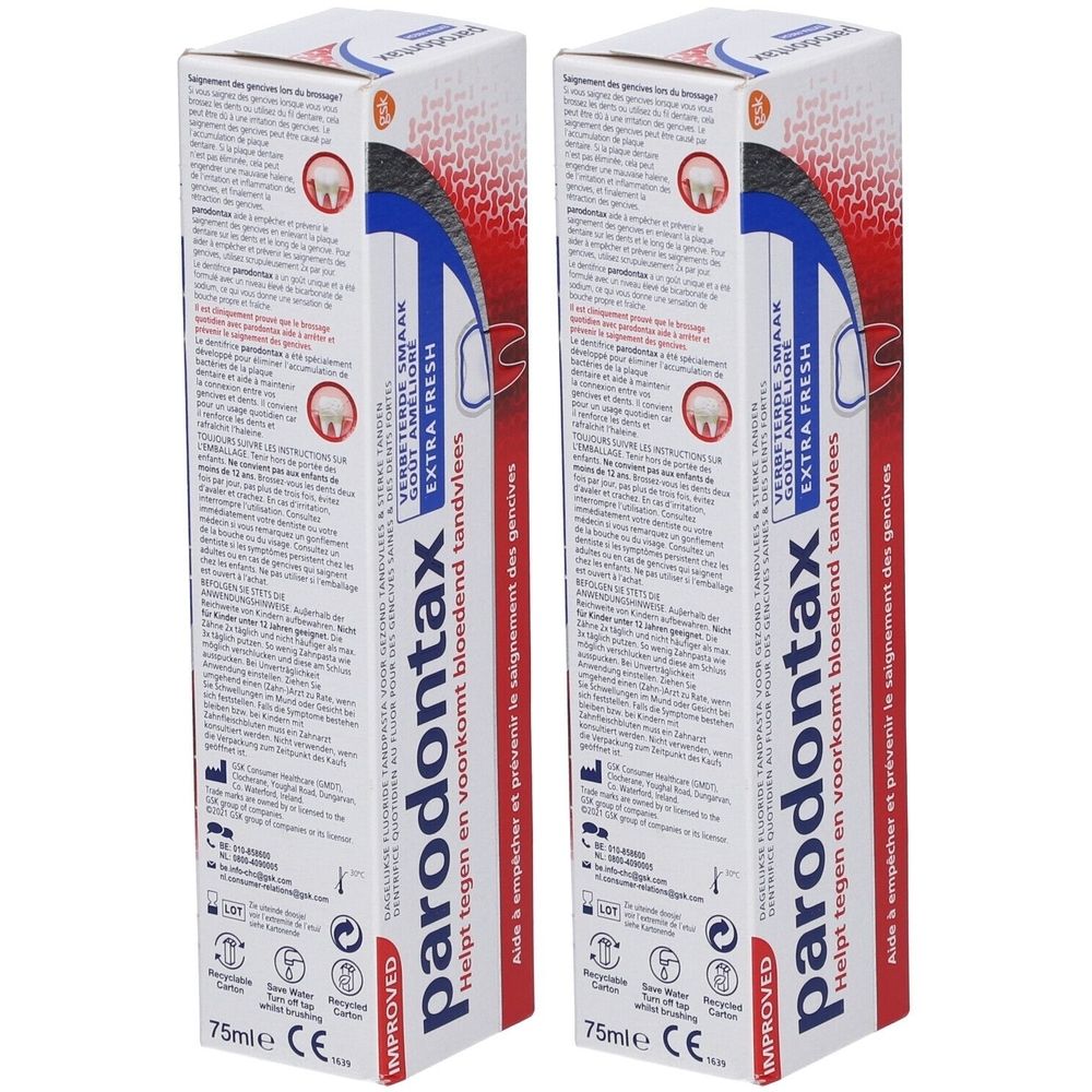 Twee dozen Parodontax Extra Fresh tandpasta. Witte en rode verpakking met productnaam en info.