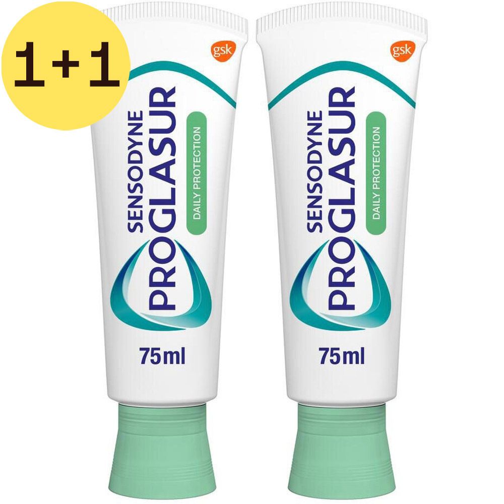 Twee tubes tandpasta Sensodyne Proglasur Daily Protection, 75ml. Met 1+1 GRATIS sticker.