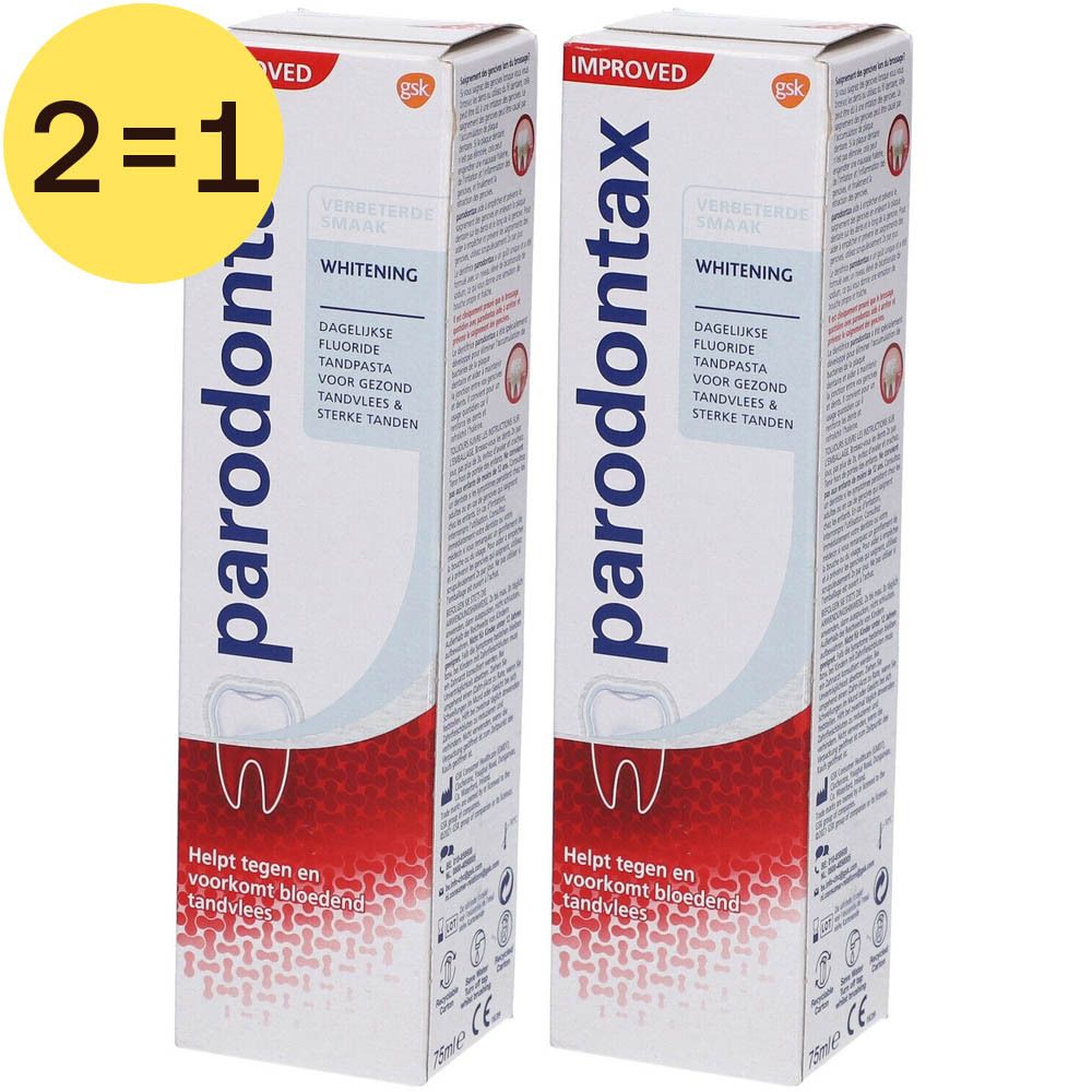 Deux tubes de dentifrice Parodontax Whitening en emballage. Inscription : 2=1. Emballage blanc avec texte rouge et bleu.