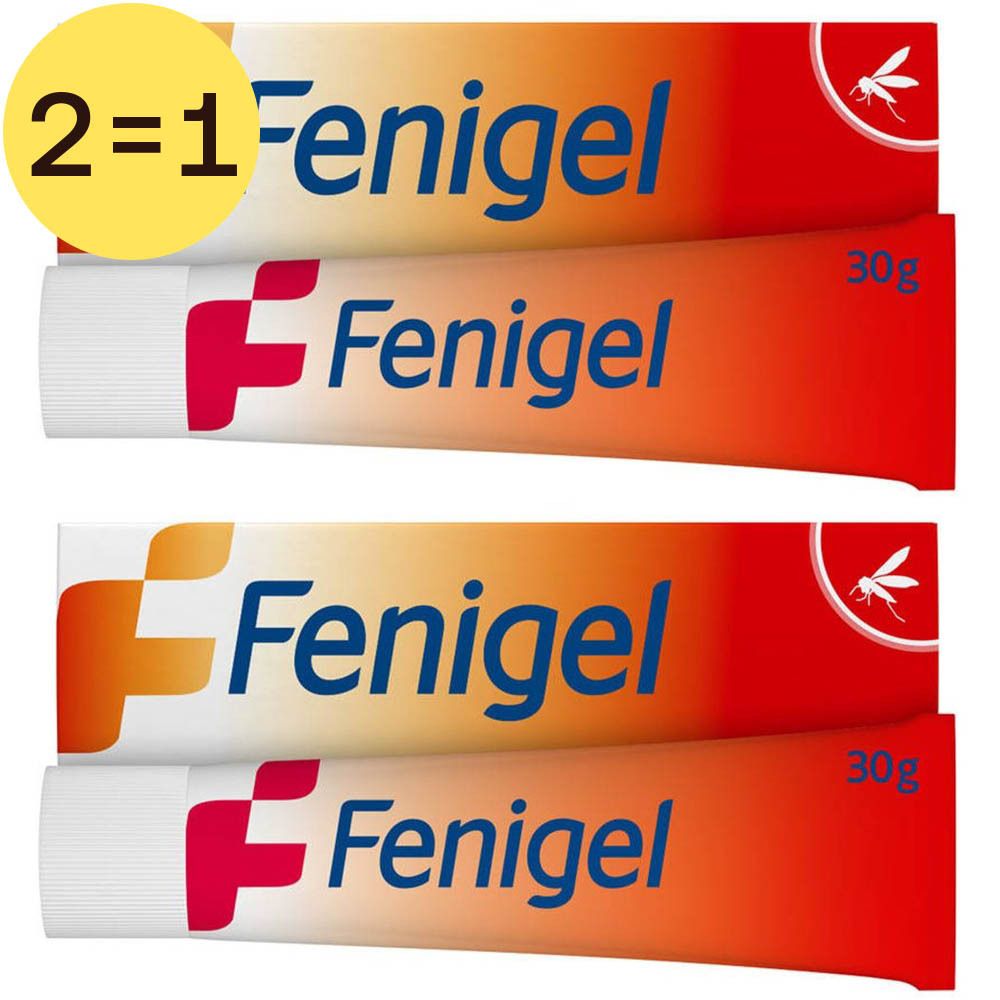 Twee tubes Fenigel, oranje en wit. Opschrift "Fenigel" en "30g". Geel etiket met "2=1".
