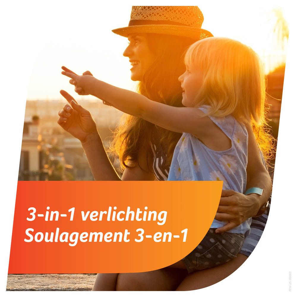 Moeder en kind wijzen. Tekst: 3-in-1 verlichting, Soulagement 3-en-1.