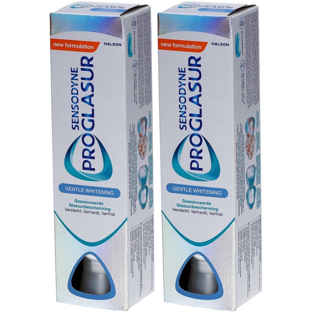 Deux boîtes de dentifrice Sensodyne Proglasur Gentle Whitening. Inscription : Nouvelle formulation. Marque : Sensodyne Proglasur.