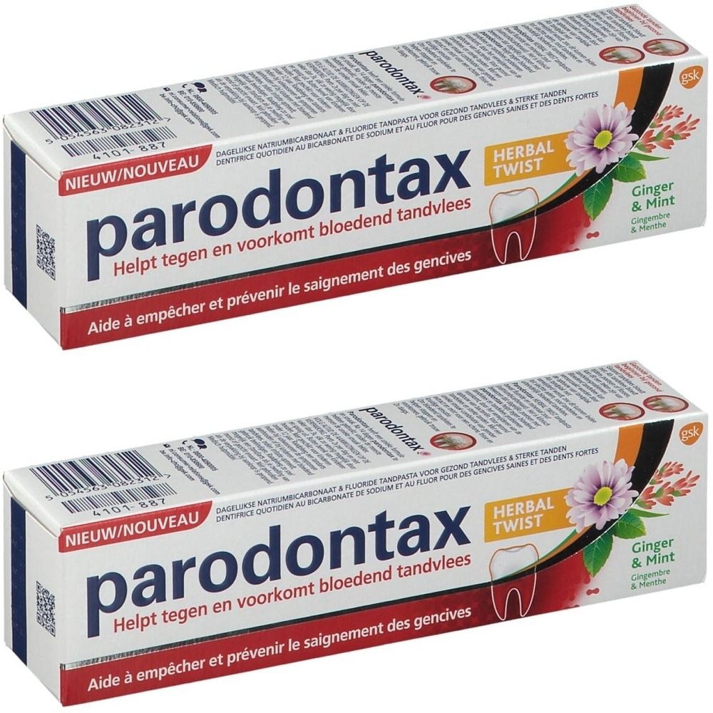 Twee dozen Parodontax Herbal Twist tandpasta. Opschrift: Helpt tegen en voorkomt bloedend tandvlees.