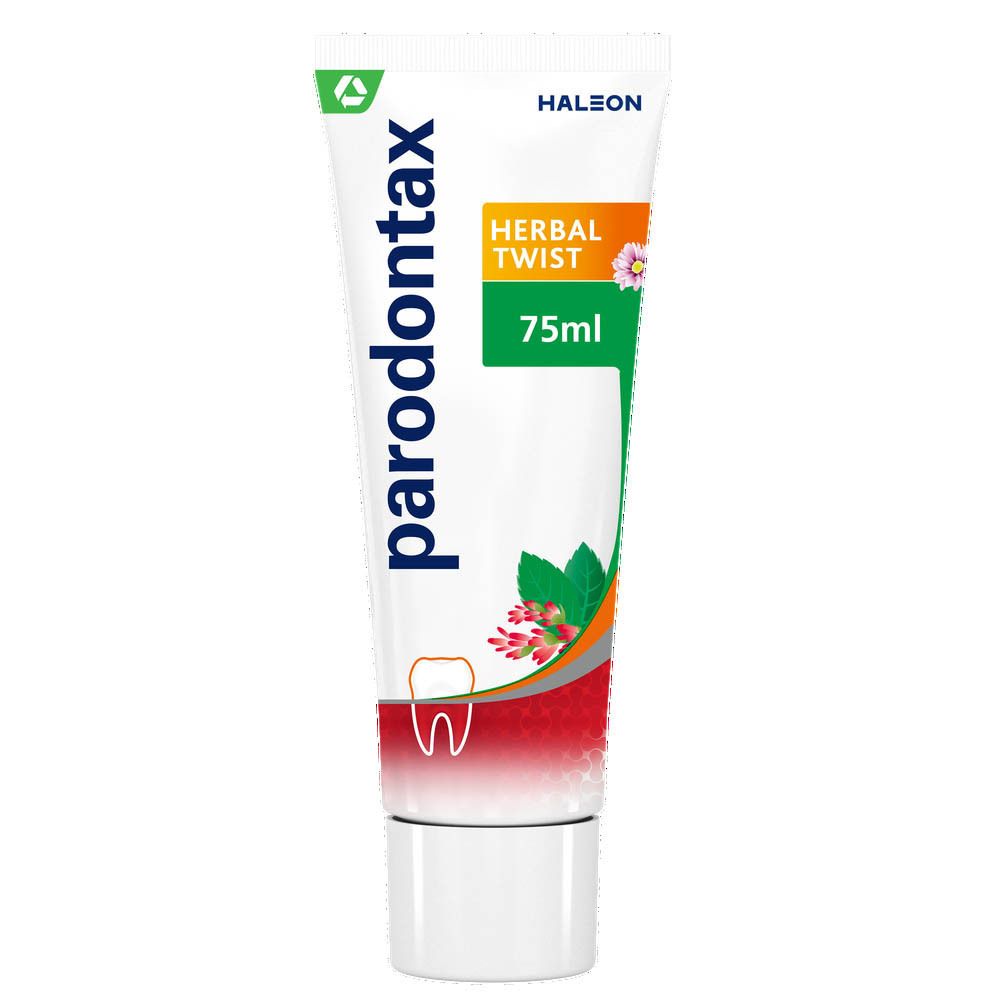 Tube de dentifrice Parodontax Herbal Twist. 75ml. Inscription: Herbal Twist, 75ml.