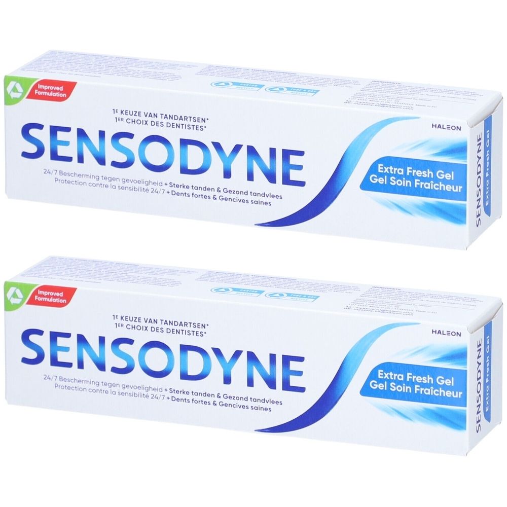 Deux boîtes de dentifrice Sensodyne. Écriture bleue, fond blanc. Texte: Extra Fresh Gel, protection 24/7.