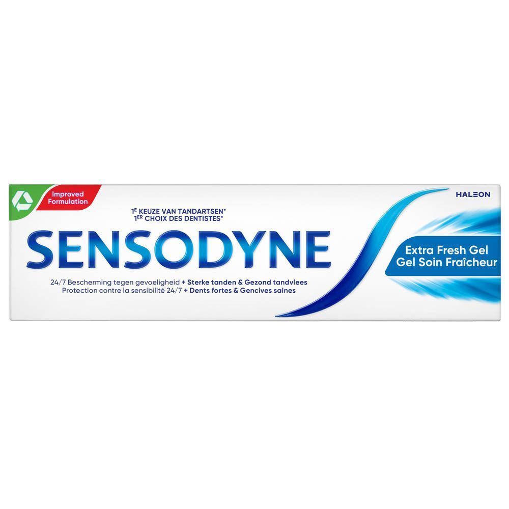Een doos Sensodyne Extra Fresh Gel tandpasta. Wit, blauw en groen. Tekst: Sensodyne, Extra Fresh Gel, 24/7 bescherming.
