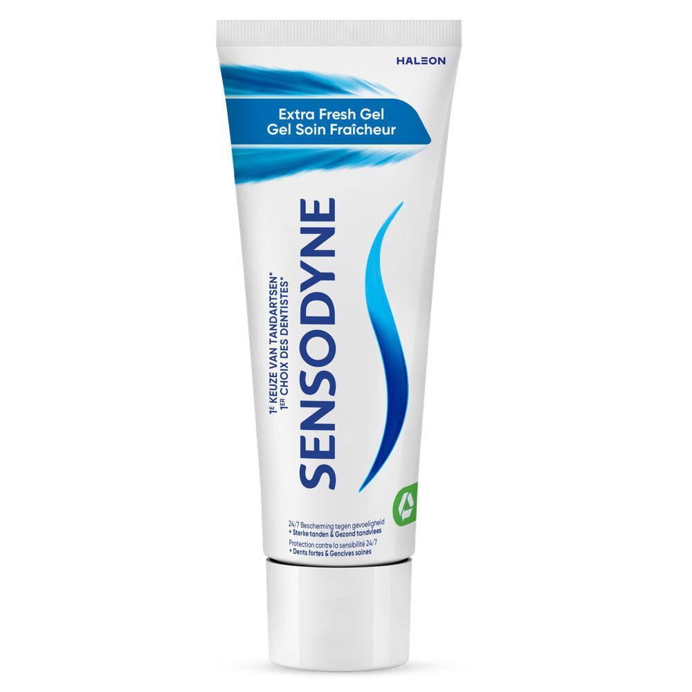 Een tube Sensodyne Extra Fresh Gel tandpasta. Wit, blauw en groen. Tekst: Sensodyne, Extra Fresh Gel, 24/7 bescherming.