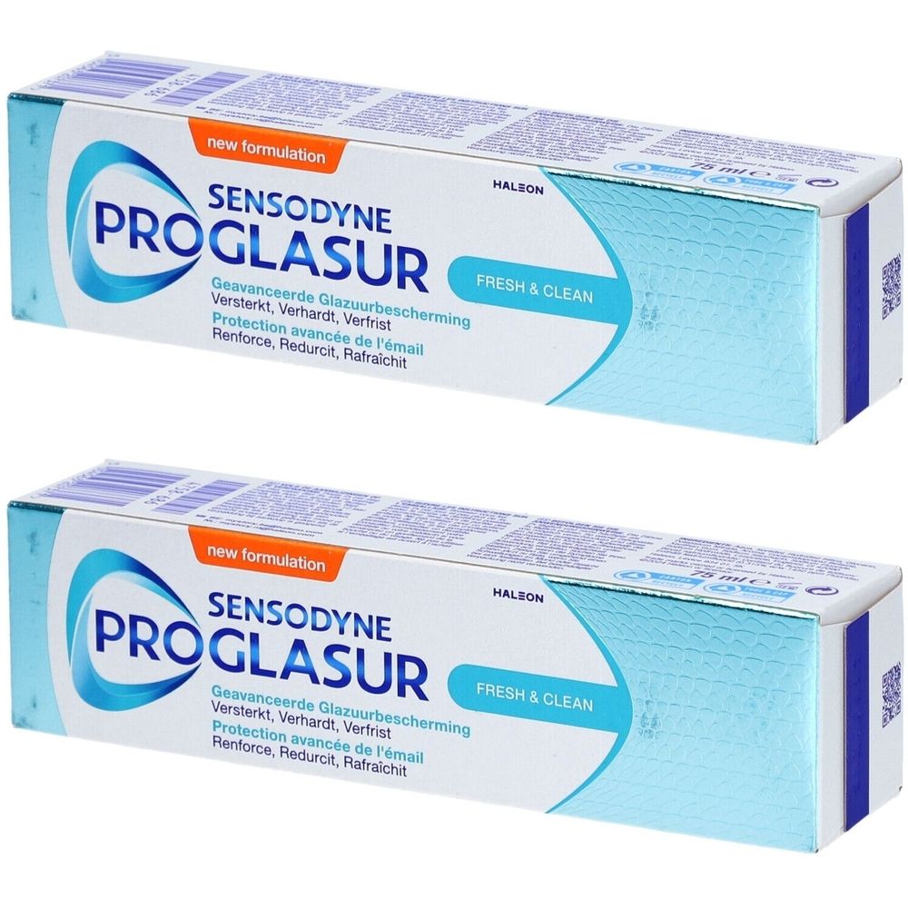 Twee dozen Sensodyne Proglasur Fresh & Clean. Opschrift: Sensodyne Proglasur, Fresh & Clean. Nieuwe formule.