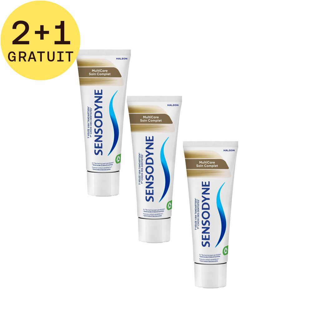 Trois tubes de dentifrice Sensodyne Multicare. Offre 2+1 gratuit. Tubes blancs avec texte bleu et vert.