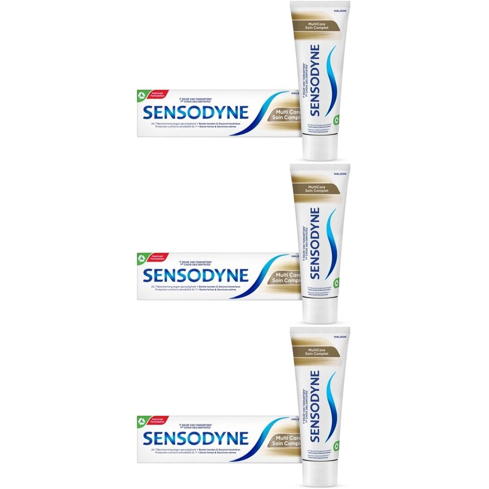 Zes tubes Sensodyne Multicare tandpasta. Witte tubes met blauw golfpatroon en productnaam. Groen-wit logo.