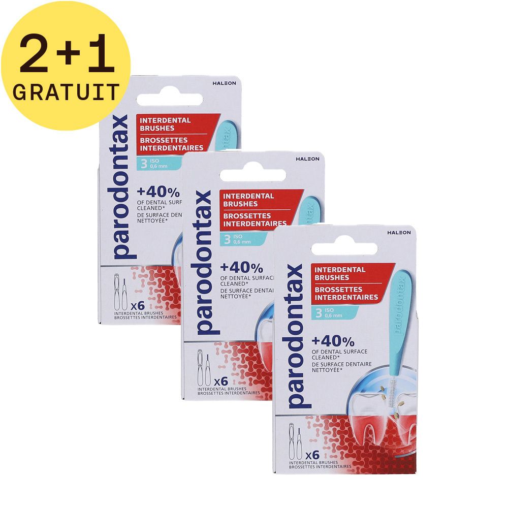 Trois paquets de brossettes interdentaires Parodontax. Offre 2+1 gratuit. Manches bleus, liquide rouge en arrière-plan.