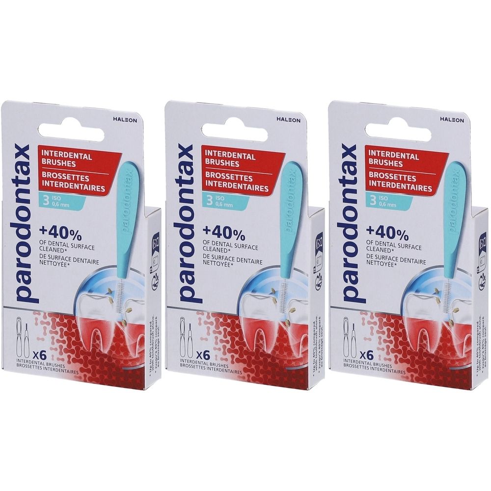 Trois paquets de brossettes interdentaires PARODONTAX. Emballage avec brosse et manche. 0,6 mm. Six brosses par paquet.