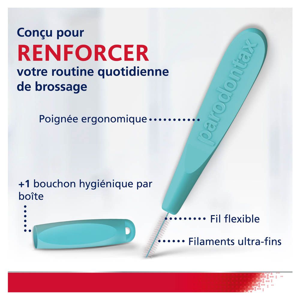 Brossette interdentaire avec manche ergonomique. Fil flexible et filaments ultra-fins. Capuchon hygiénique inclus.