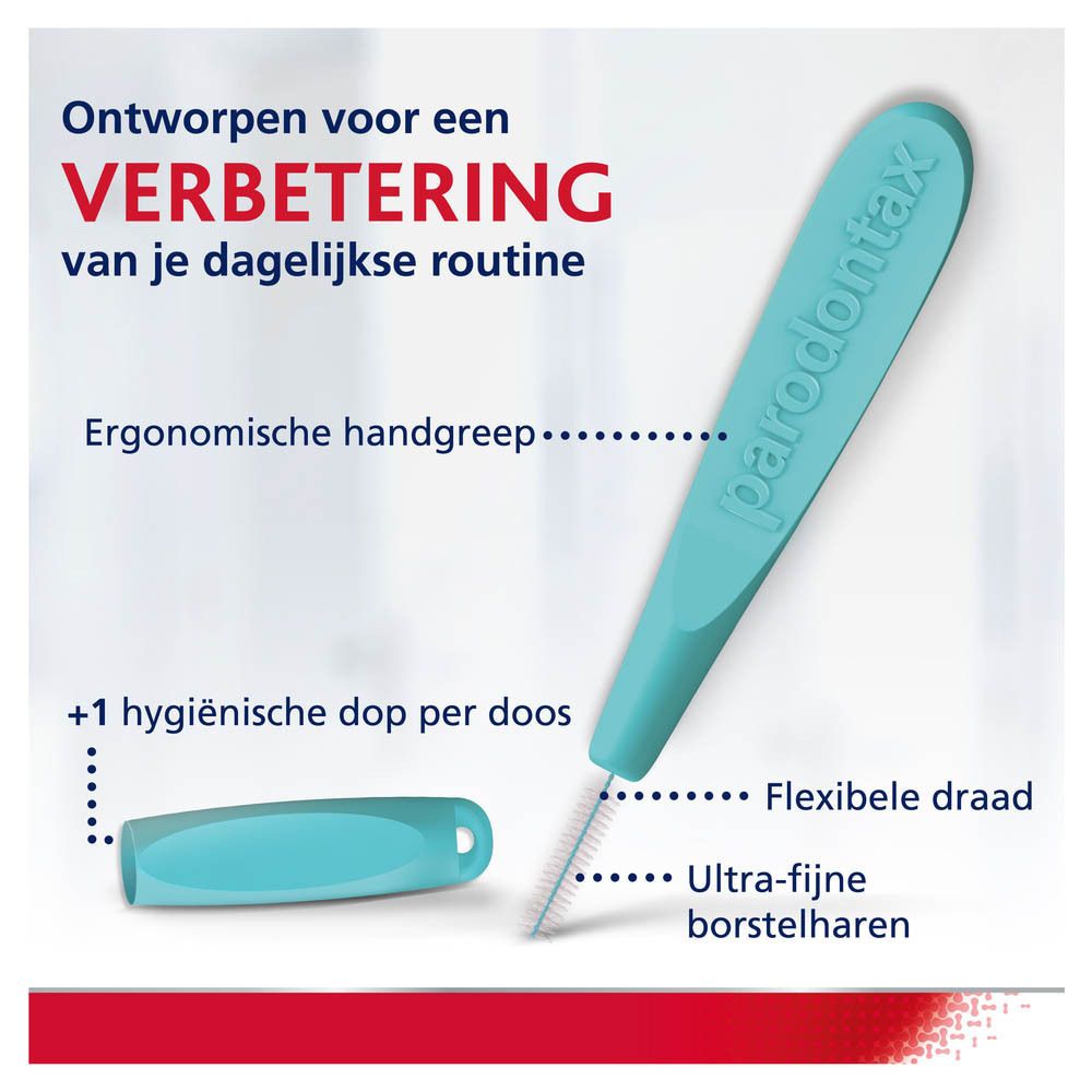 Interdentale borstel met ergonomische handgreep. Flexibele draad en ultrafijne borstelharen. Hygiënische dop inbegrepen.