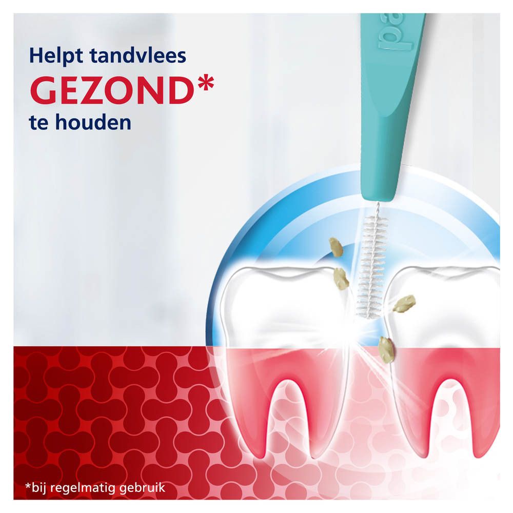 Tanden en interdentale borstel. Helpt tandvlees gezond te houden. Tekst: Helpt tandvlees gezond te houden.