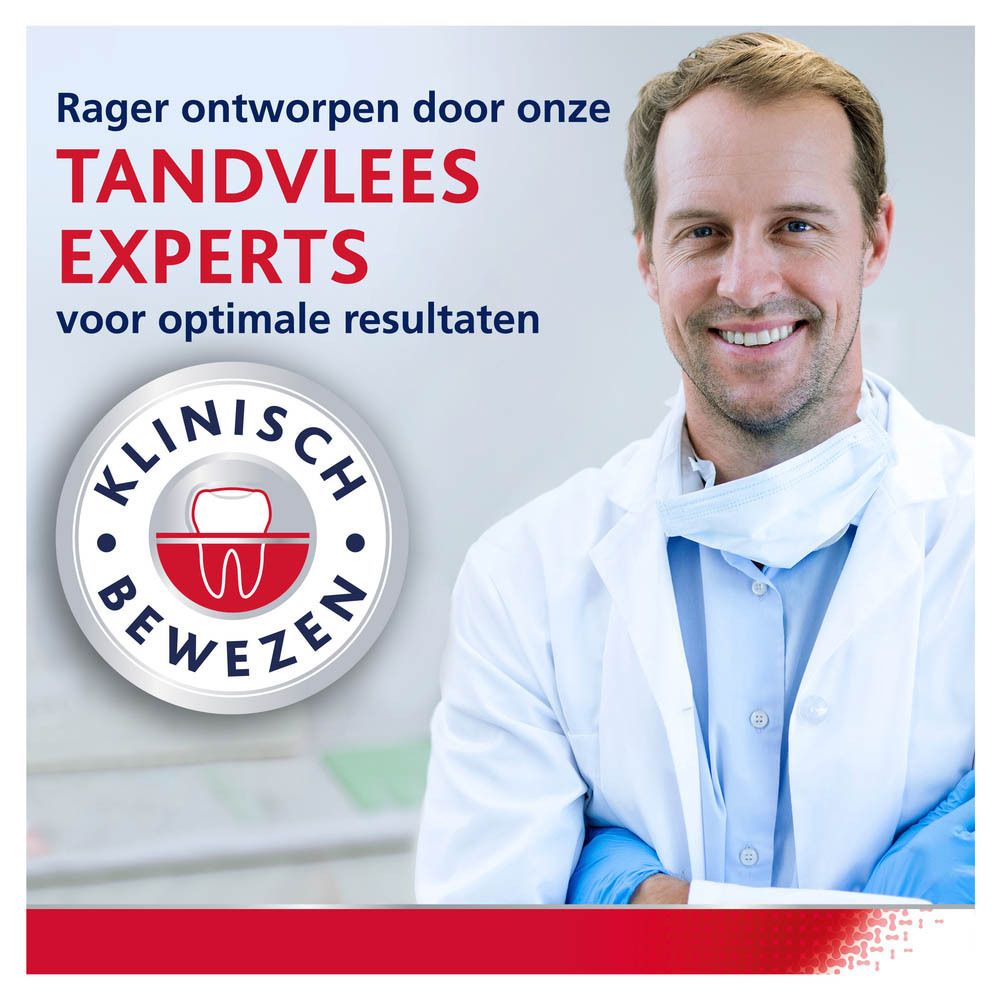 Arts met tand-symbool. Tekst: Klinisch bewezen. Experts voor tandvlees voor optimale resultaten.