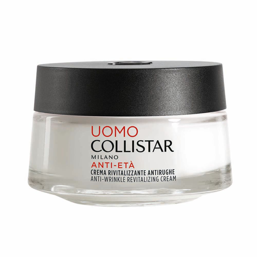 Crèmepot met zwarte deksel. Label: Uomo Collistar, Anti-Eta, Crème Revitalisante Antirughe.