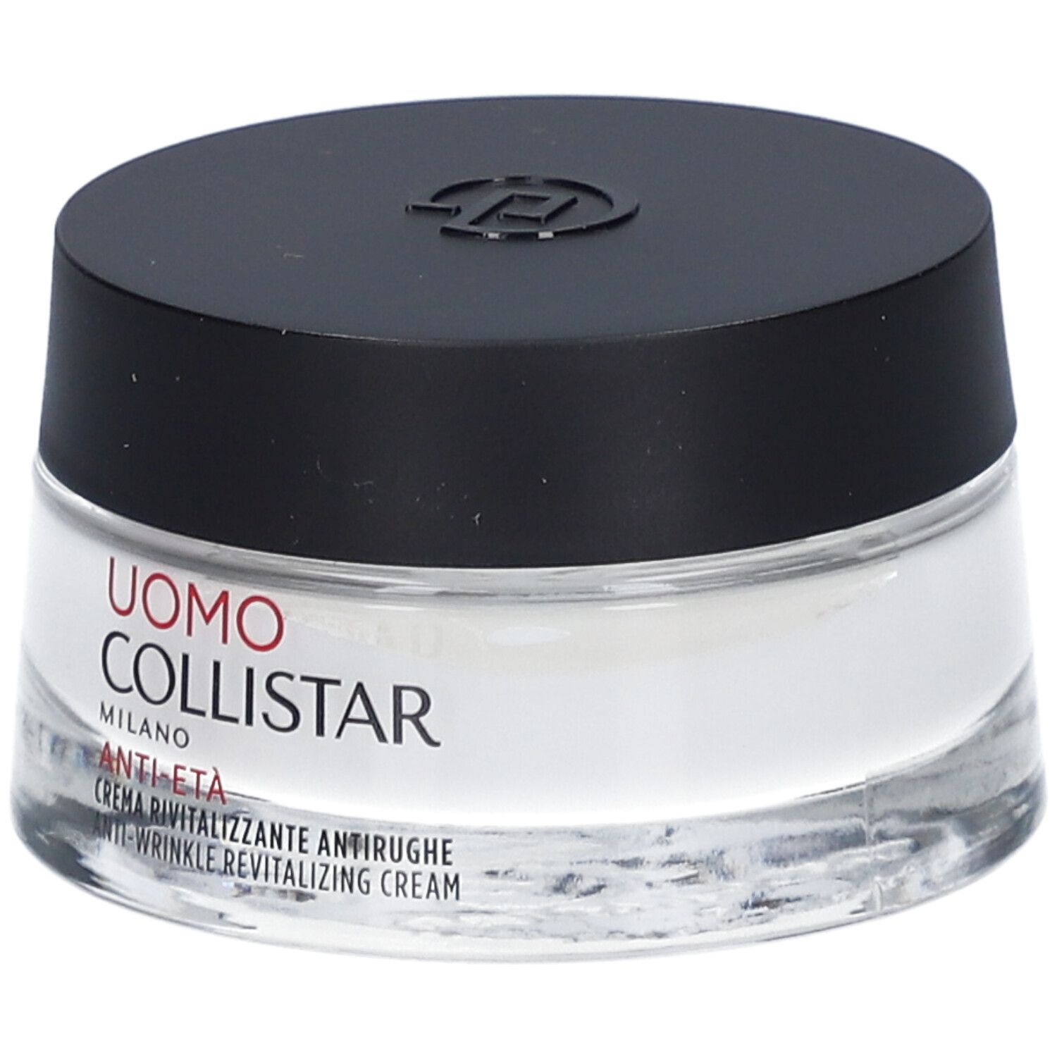 Crèmepot met zwarte deksel. Label: Uomo Collistar, Anti-Eta, Crème Revitalisante Antirughe.