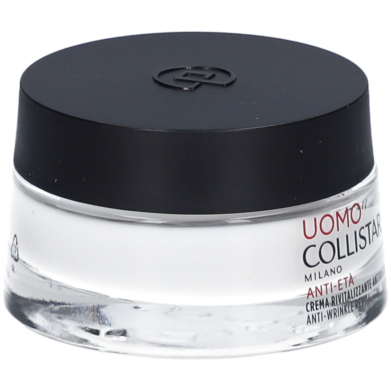 Crèmepot met zwarte deksel. Label: Uomo Collistar, Anti-Eta, Crème Revitalisante Antirughe.