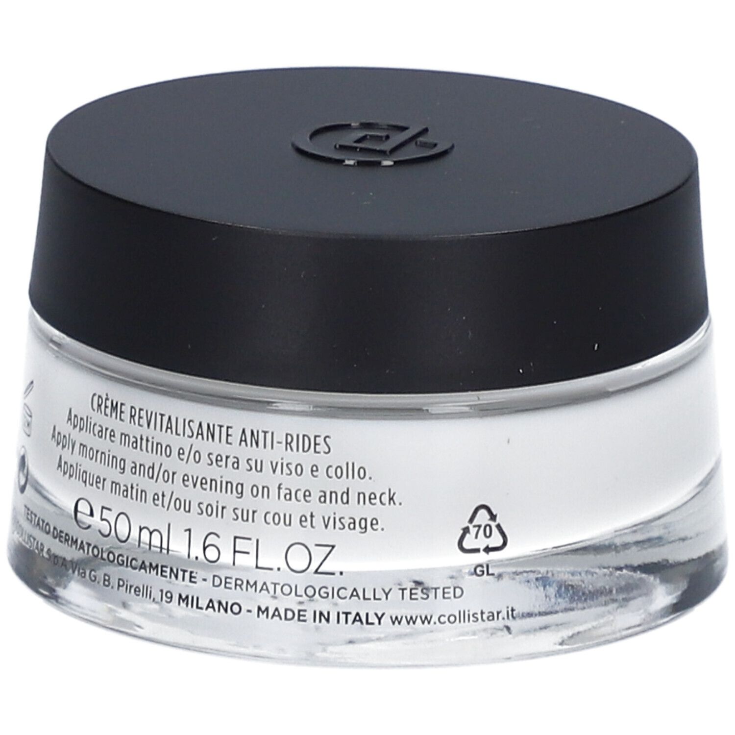 Crèmepot met zwarte deksel. Label: Crème Revitalisante Anti-Rides, 50 ml, dermatologisch getest.