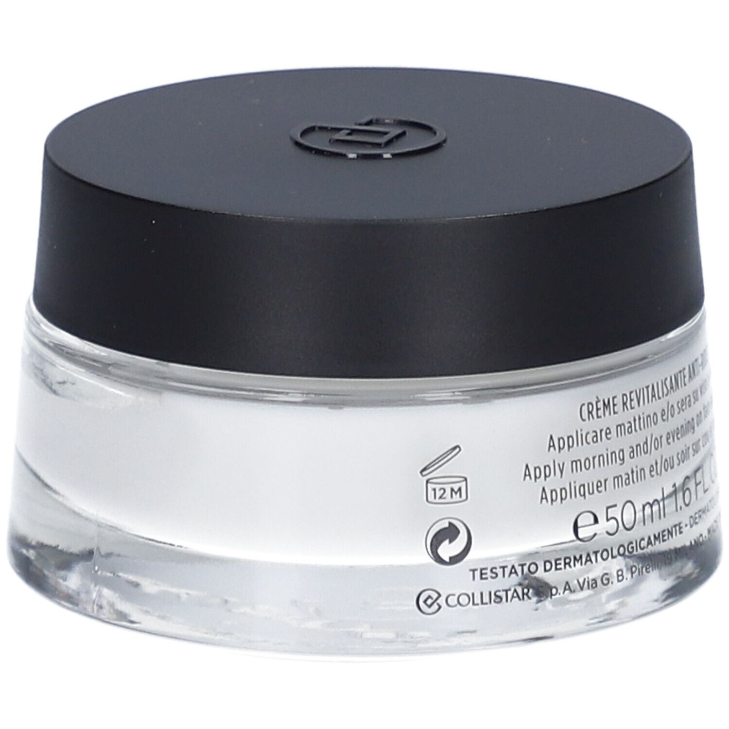 Crèmepot met zwarte deksel. Label: Crème Revitalisante Anti-Rides, 50 ml, dermatologisch getest.