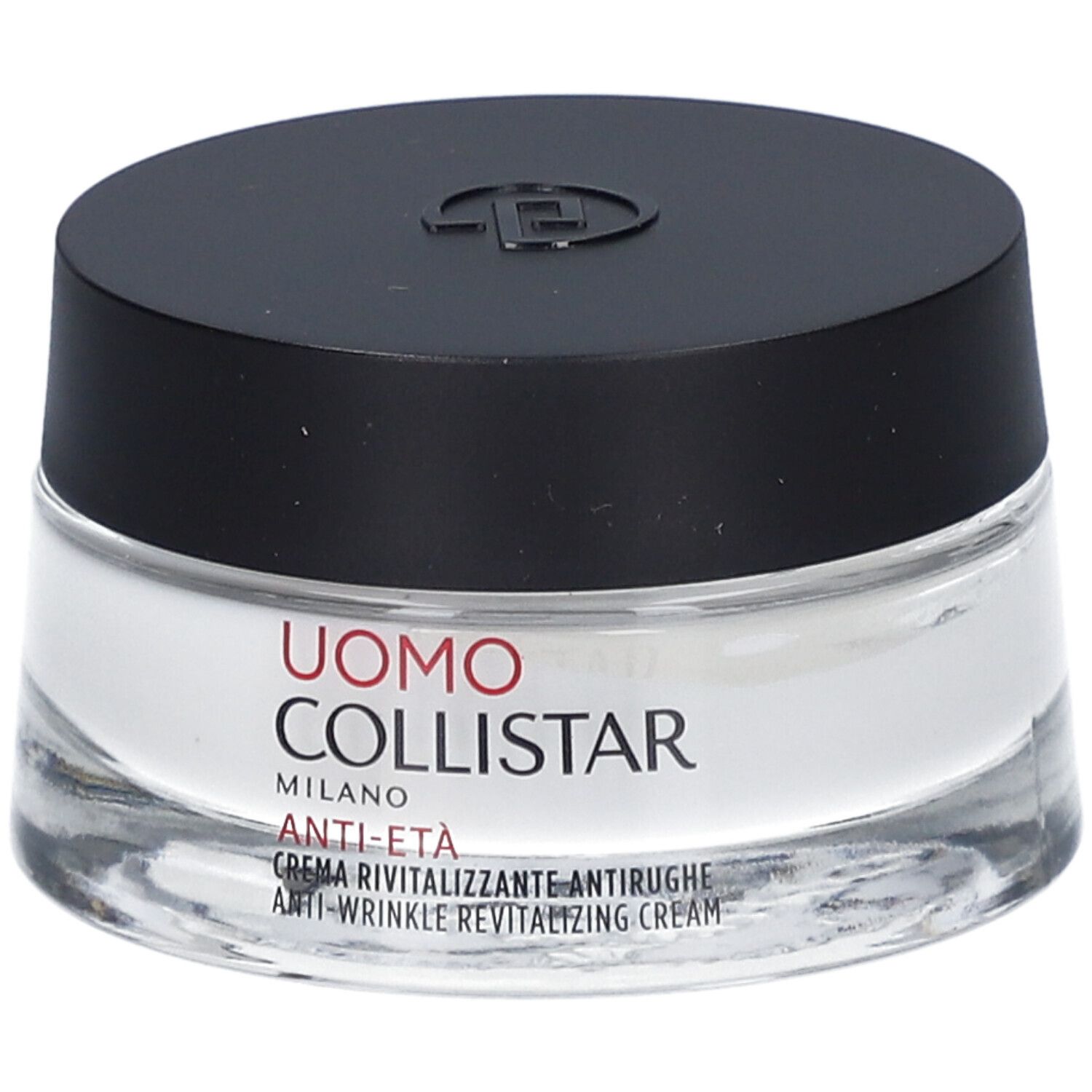Crèmepot met zwarte deksel. Label: Uomo Collistar, Anti-Eta, Crème Revitalisante Antirughe.