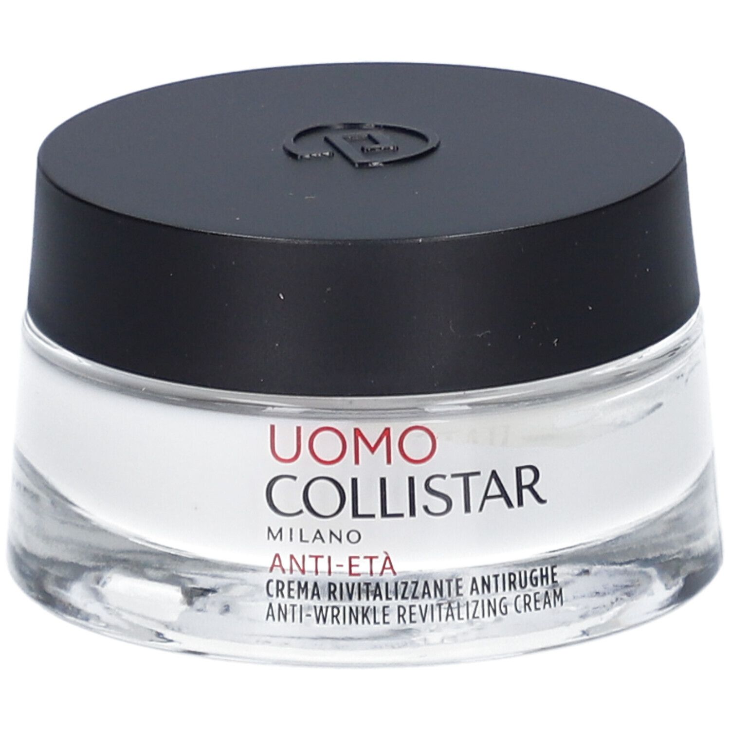 Crèmepot met zwarte deksel. Label: Uomo Collistar, Anti-Eta, Crème Revitalisante Antirughe.