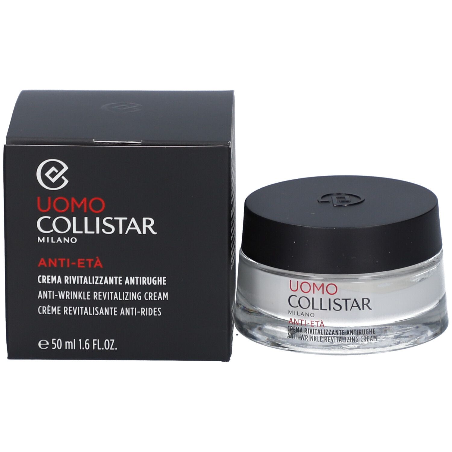 Crèmepot en doos. Op de doos: Uomo Collistar, Anti-Eta, Crème Revitalisante Anti-Rides, 50 ml.
