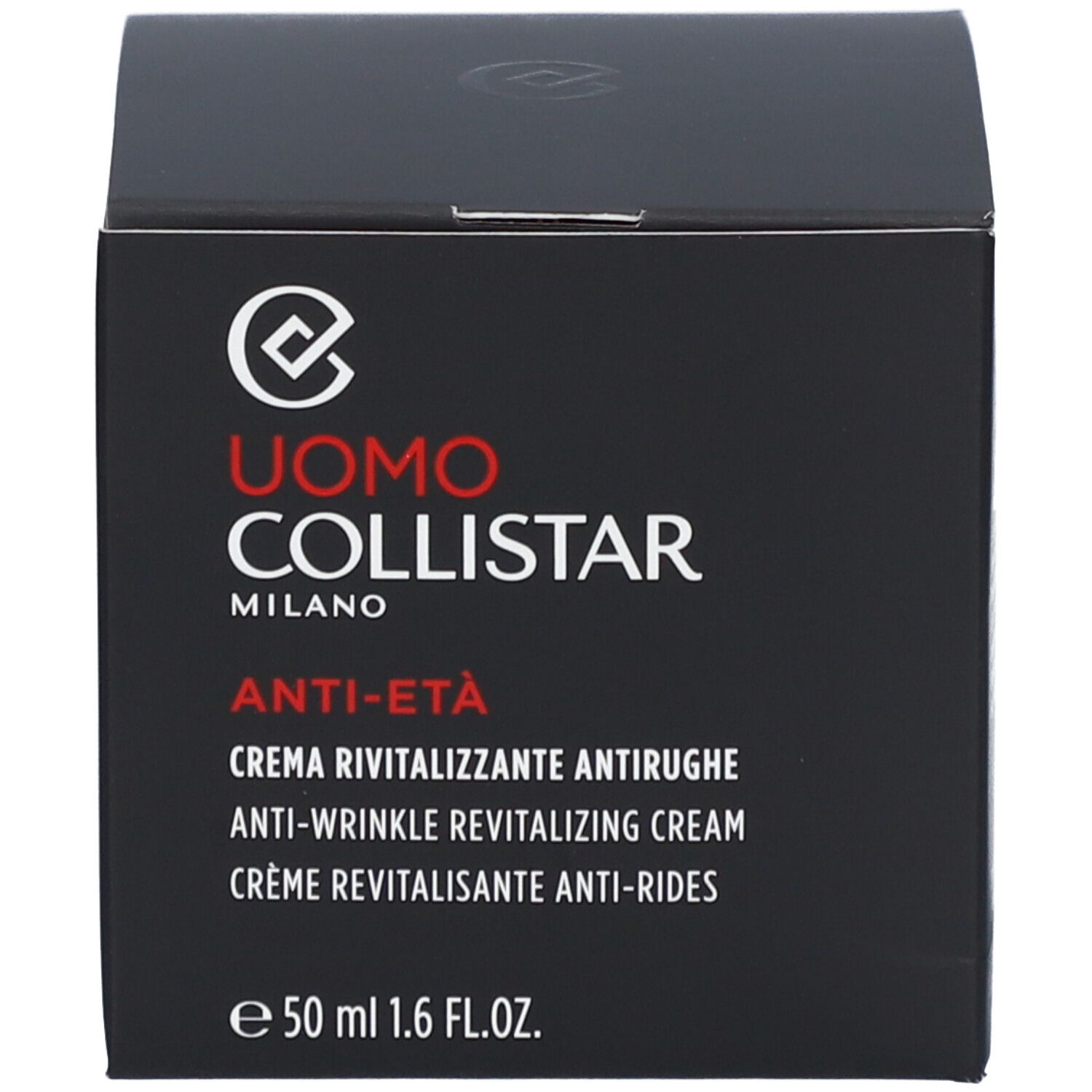 Zwarte doos met tekst: Uomo Collistar, Anti-Eta, Crème Revitalisante Anti-Rides, 50 ml.