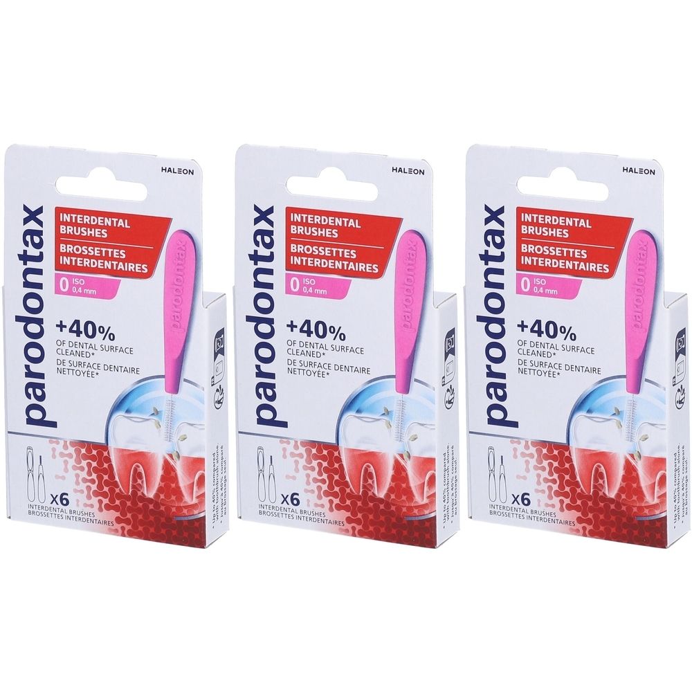 Drie verpakkingen PARODONTAX Interdental brushes T0 0,4 mm. Verpakking met productnaam en logo.