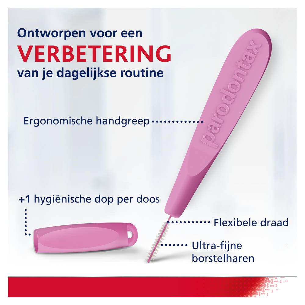 Roze interdentale borstel met ergonomische handgreep en dop. Flexibele draad en ultra-fijne borstelharen.