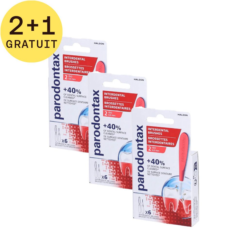 Trois paquets de brossettes interdentaires Parodontax 0,5 mm. Offre 2+1 gratuit. Manches rouges, emballage blanc avec graphique rouge.