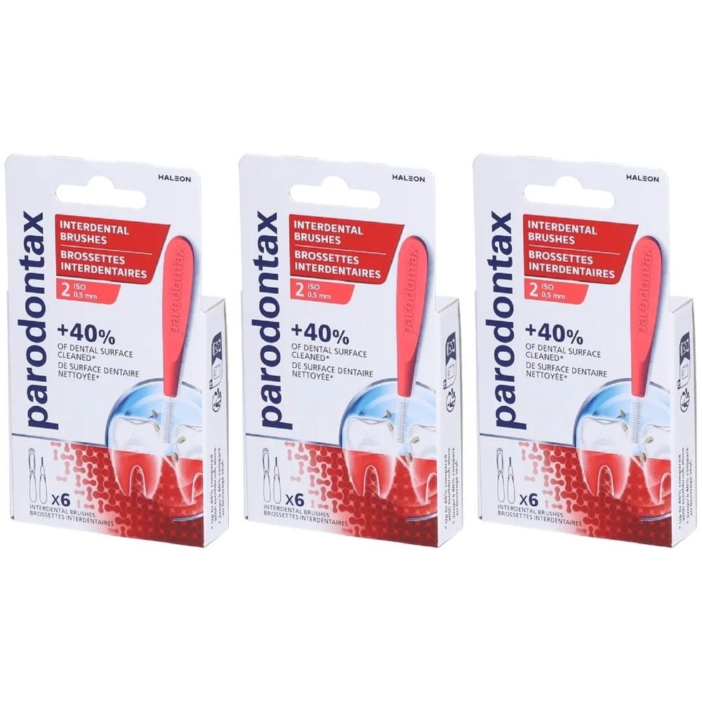 Drie verpakkingen Parodontax Interdentalbürsten T2 0,5 mm. Verpakking met productafbeelding en tekst.