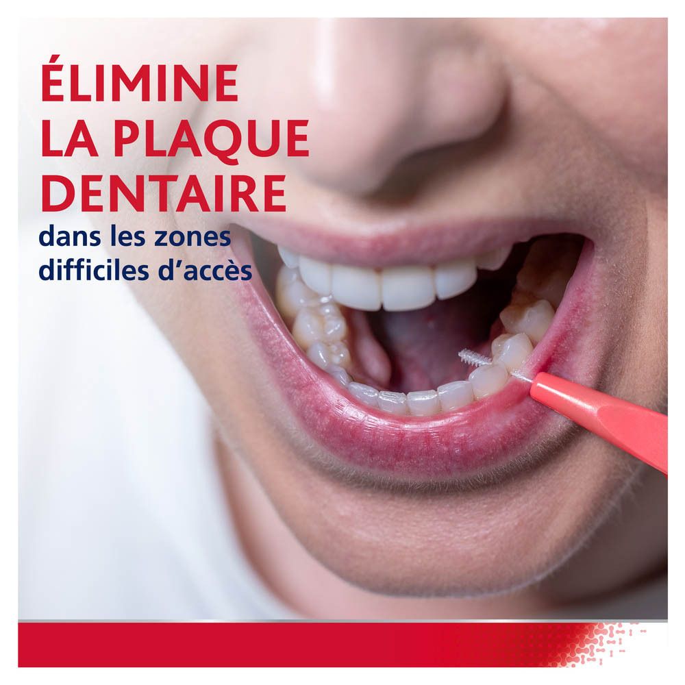 Bouche avec brosse interdentaire. Texte : Élimine la plaque dentaire dans les zones difficiles.