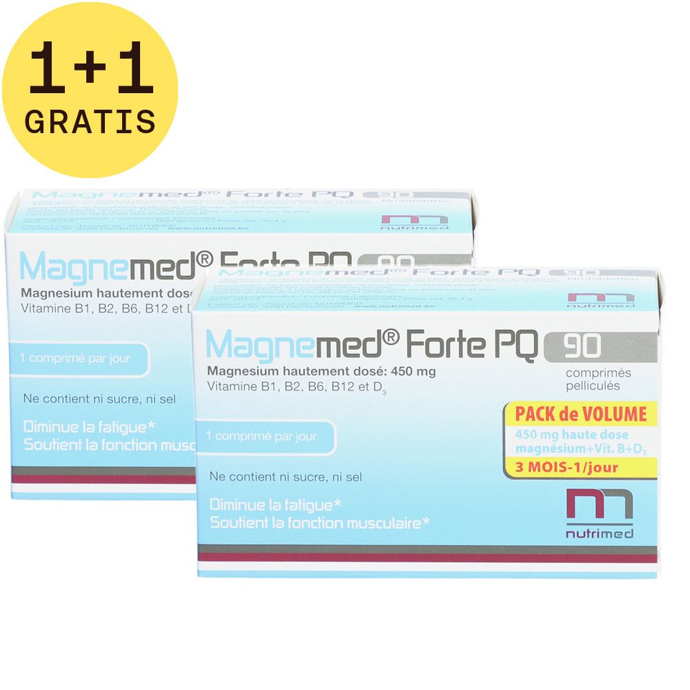 Twee dozen Magnemed Forte PQ. Opschrift: 1+1 GRATIS. Bevat 90 tabletten. Volume verpakking. Bevat magnesium, vitaminen.