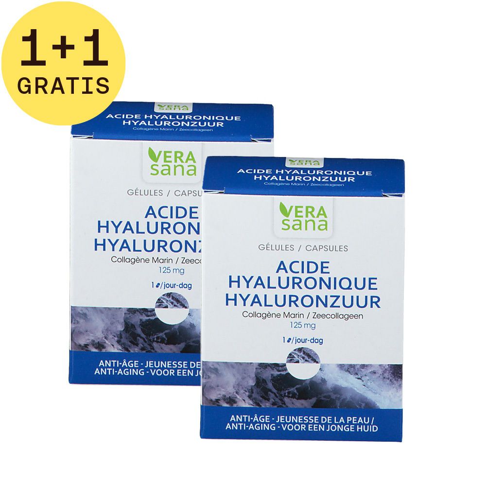 Twee blauwe dozen met opschrift: Vera Sana, Acide Hyaluronique & Collagène marin. 1+1 GRATUIT.