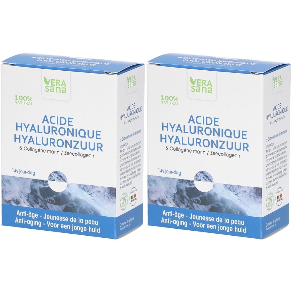 Twee blauwe dozen. Opschrift: Vera Sana, Acide Hyaluronique & Collagène marin. 100% Natural. Anti-âge.