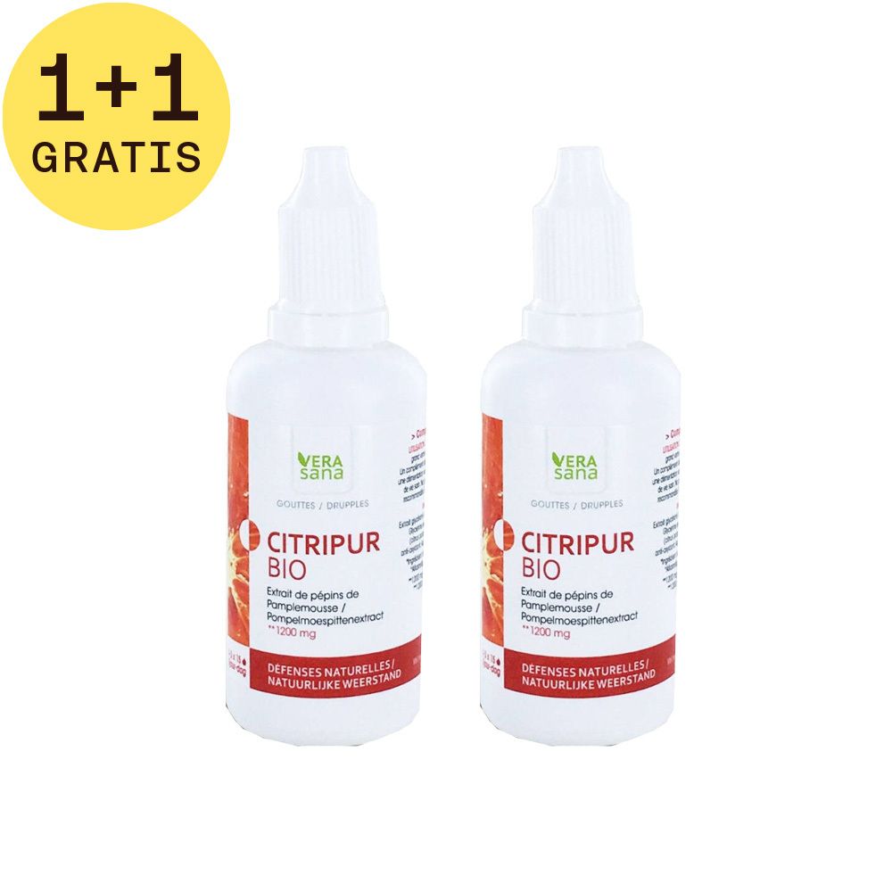 Twee witte flessen met Citripur Bio-etiket. Cirkel 1+1 GRATIS. Rode strook met tekst. Druppelflessen.