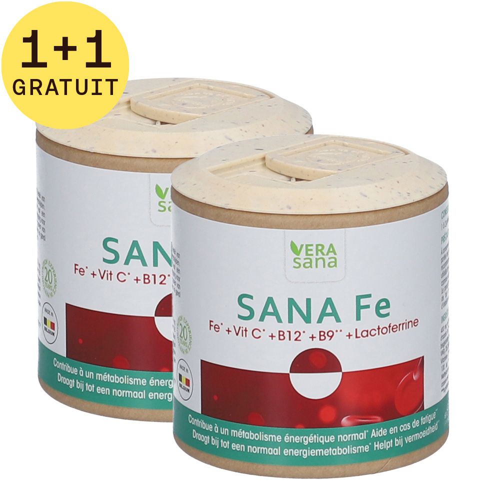Deux boîtes cylindriques avec couvercles. Inscription: VERA sana SANA Fe, ingrédients. Bandes rouge et verte. Drapeau belge. Autocollant: 1+1 GRATUIT.