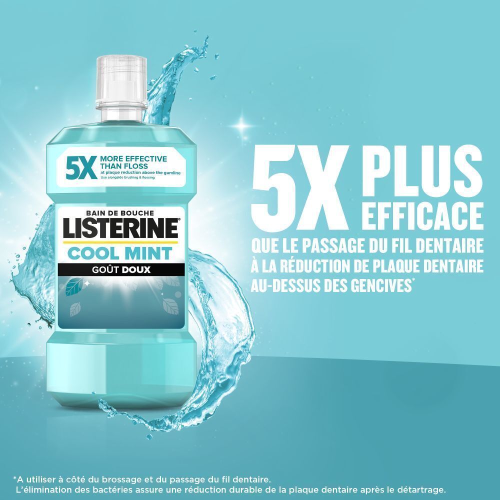 Flacon de Listerine Cool Mint entouré d'eau. Texte: 5x plus efficace que le fil dentaire. Bain de Bouche, Goût Doux.