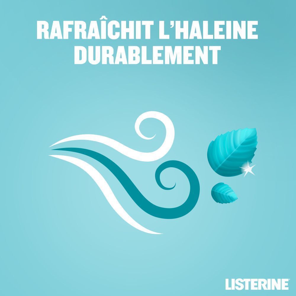 Graphique avec formes de vent et de feuilles. Texte: Rafraîchit l'haleine durablement. Logo Listerine.