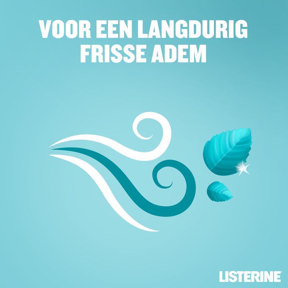 Afbeelding met wind- en bladvormen. Tekst: Voor een langdurig frisse adem. Listerine logo.