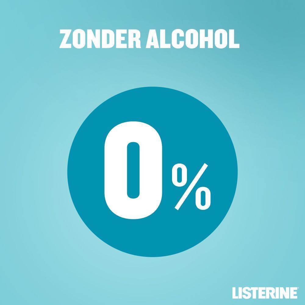 Blauwe cirkel met 0%. Tekst: Zonder alcohol. Listerine logo.