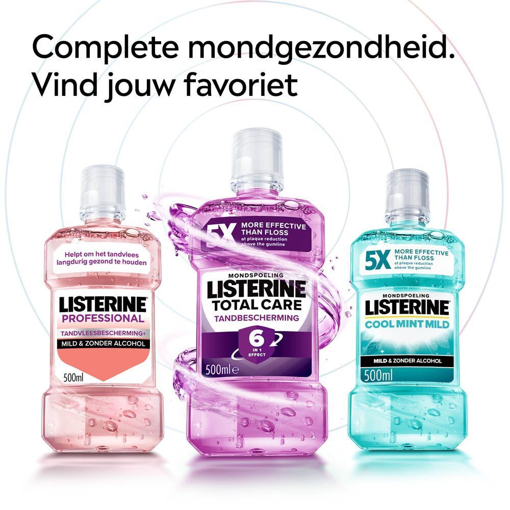 Listerine Cool Mint Mild mondspoeling, 500ml, met water spetters.