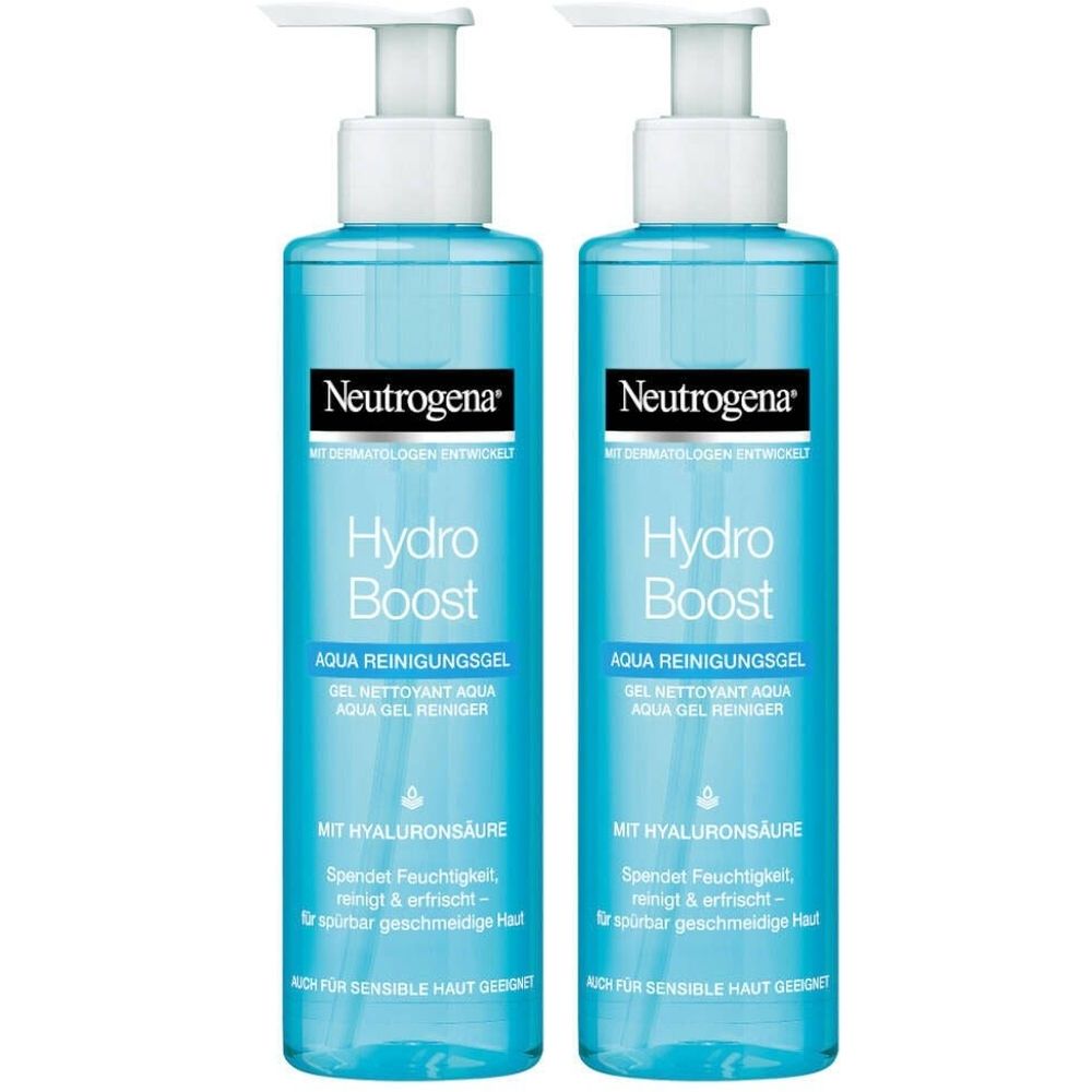 Twee blauwe flessen met witte pomp. Opschrift: Neutrogena Hydro Boost Aqua Reinigingsgel. Met hyaluronzuur.