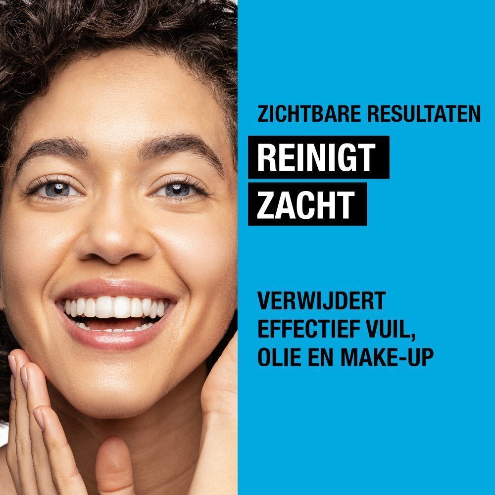 Een fles Hydro Boost Aqua Reinigingsgel. Blauwe fles met witte pomp. Tekst: Neutrogena, Hydro Boost, 200ml.